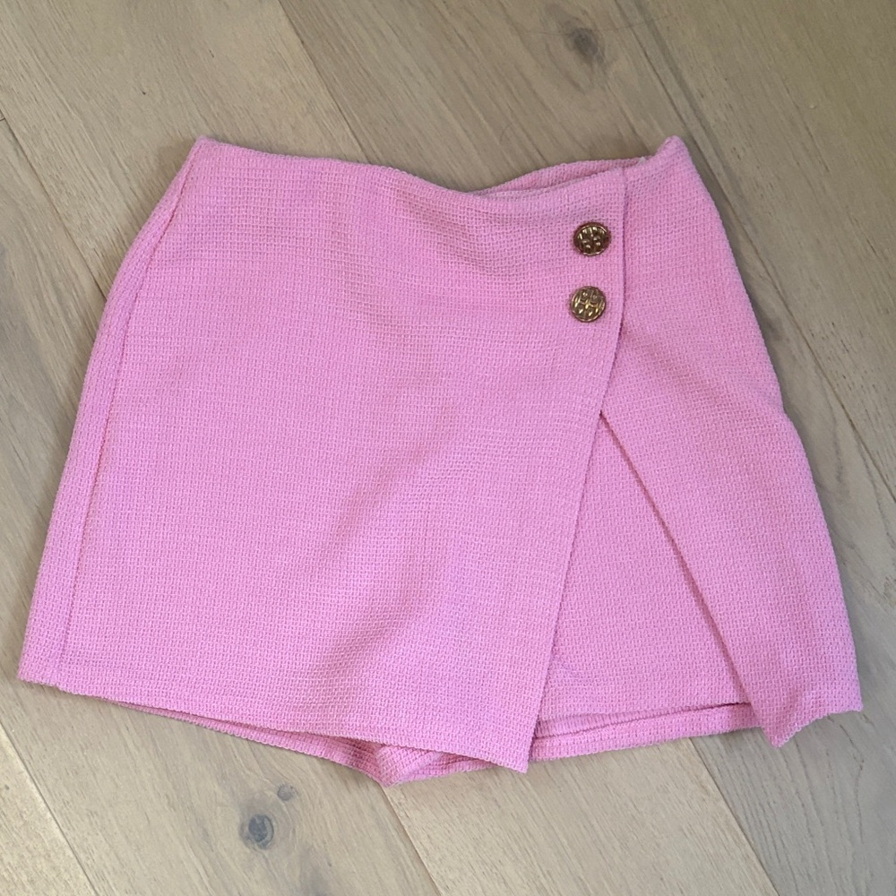 Pink Wrap Skirt with Gold Buttons